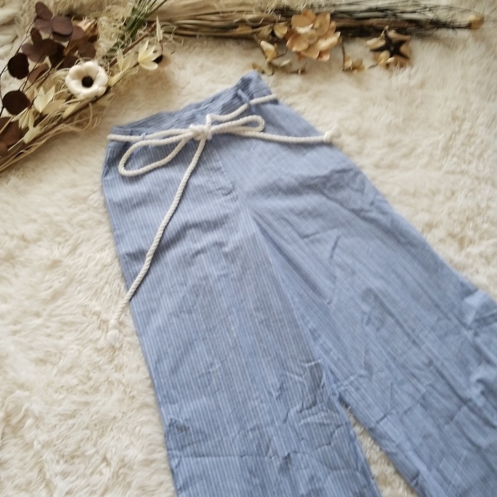 Linen Lux Wide-Leg Side-Slit Striped  Pant